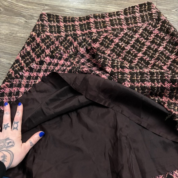 90s Vintage INC International Concepts Tweed Fringe Plaid Skirt Brown/Pink 12 - Picture 3 of 6